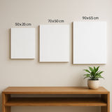 Comparación visual de los tamaños disponibles para cuadros decorativos: 50x35 cm, 70x50 cm y 90x65 cm, en bastidor blanco, vistos de frente en ambiente moderno