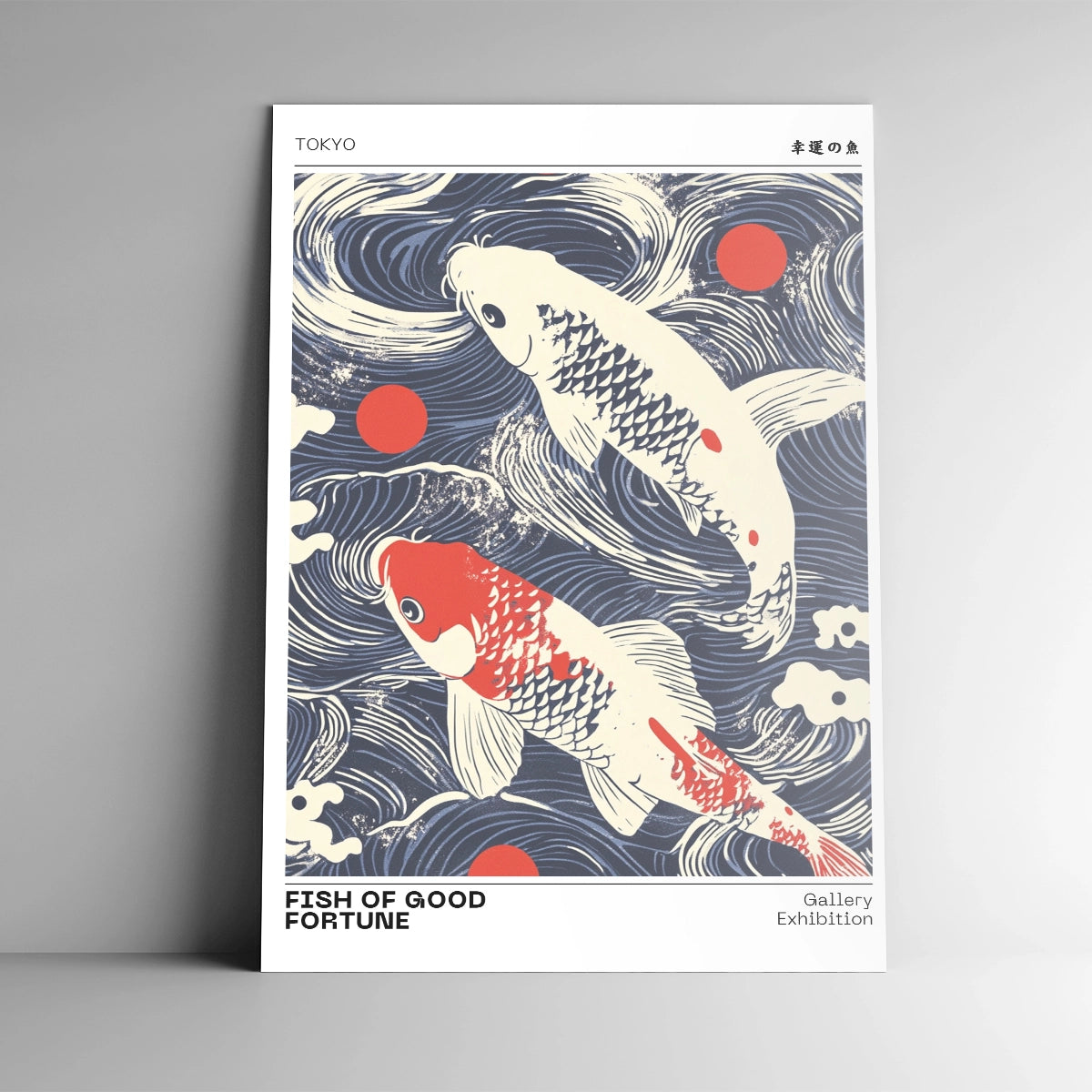 Cuadro japonés Fish of Good Fortune con dos carpas koi y olas en azul y rojo de Intuitivo.