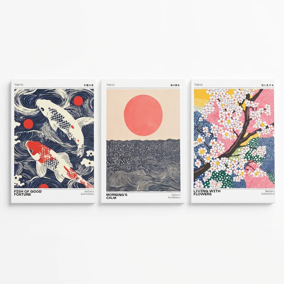 Set tríptico de cuadros decorativos inspirados en Japón con pez koi sol naciente y cerezo en flor de Intuitivo.